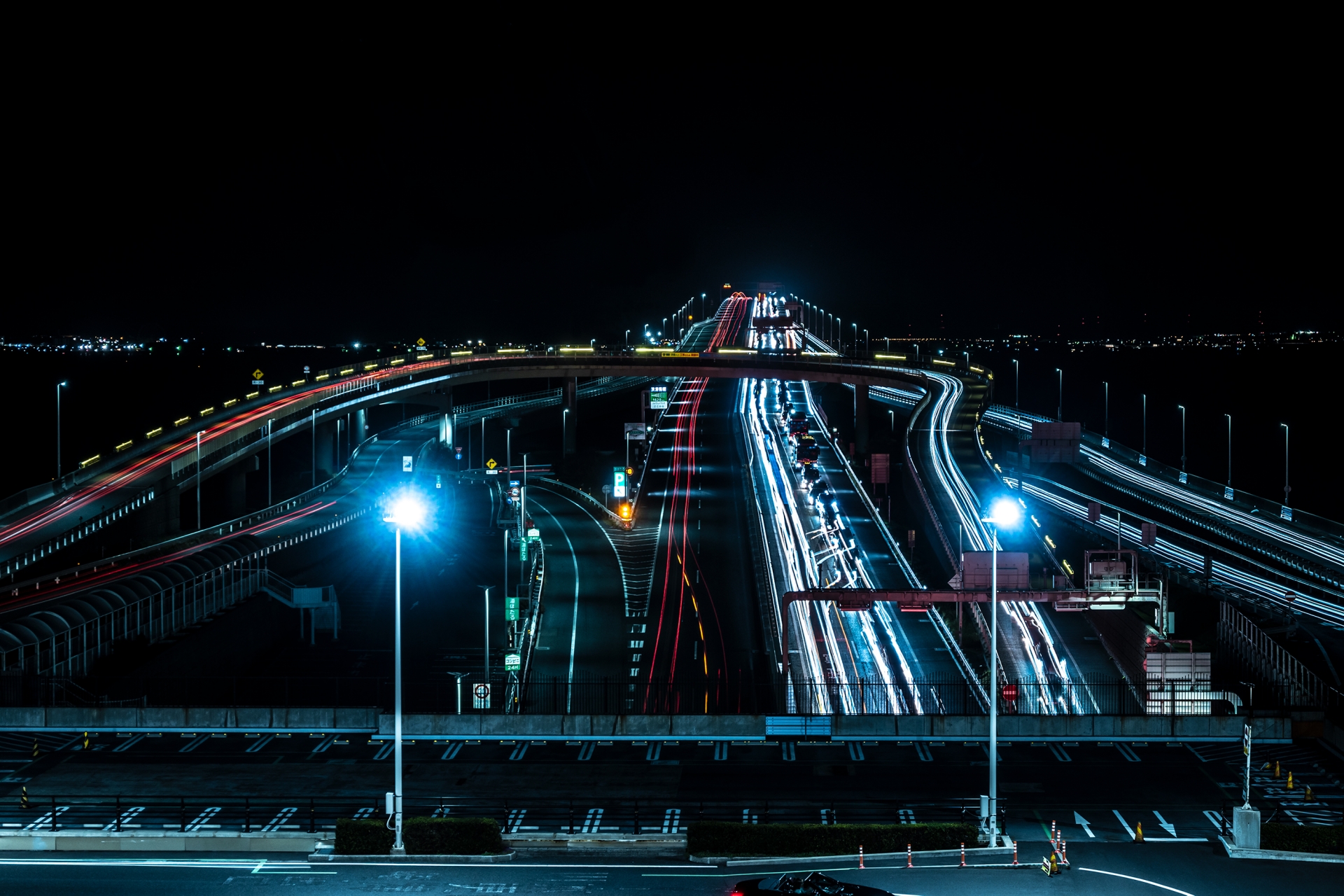 Umihotaru PA during a Tokyo JDM tour at night on the Tokyo Bay Aqua-Line