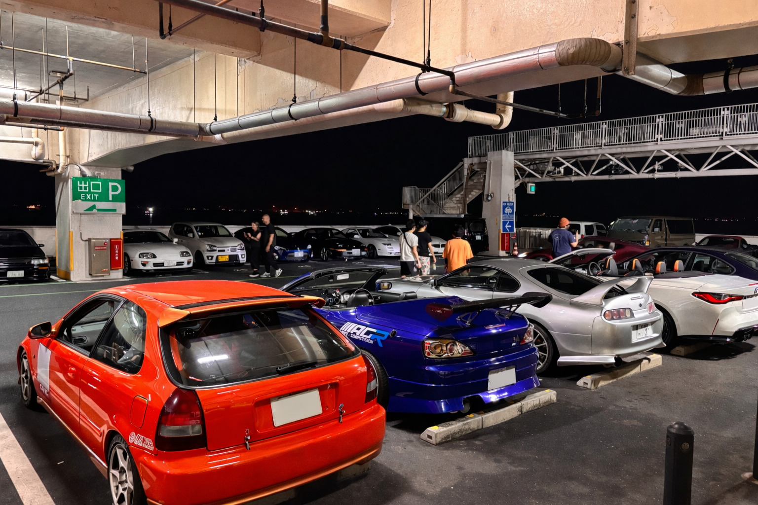 JDM cars gathered at Umihotaru PA in Tokyo at night